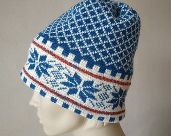 Unisex double knit fair isle hat with snowflakes Winter icelandic colorwork beanie