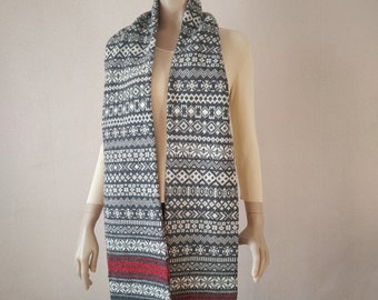 Gray hand knit wool print winter scarf for men Scandinavian print modern oversized scarf Unisex hand knit extra long neck warmer