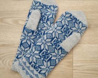 Norwegian double hand knitted long mittens Grey soft sheep wool knit hygge snowflake mittens