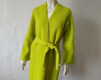 Olive felt knit wool cloak cardigan Belted open front cocoon wrap coat Knee length kimono jacket