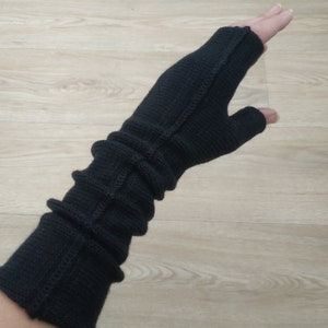 Punk black wool arm warmers Knit wool steampunk gloves Long fingerless mittens Long hand warmers for driver ladies