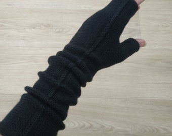 Punk black wool arm warmers Knit wool steampunk gloves Long fingerless mittens Long hand warmers for driver ladies