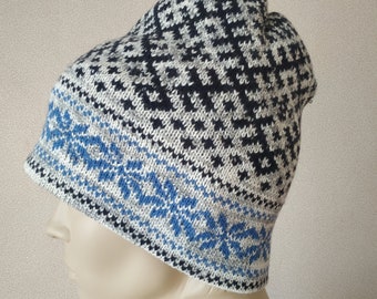 Unisex double knit fair isle hat Winter icelandic colorwork beanie Nordic double hat with brim pattern