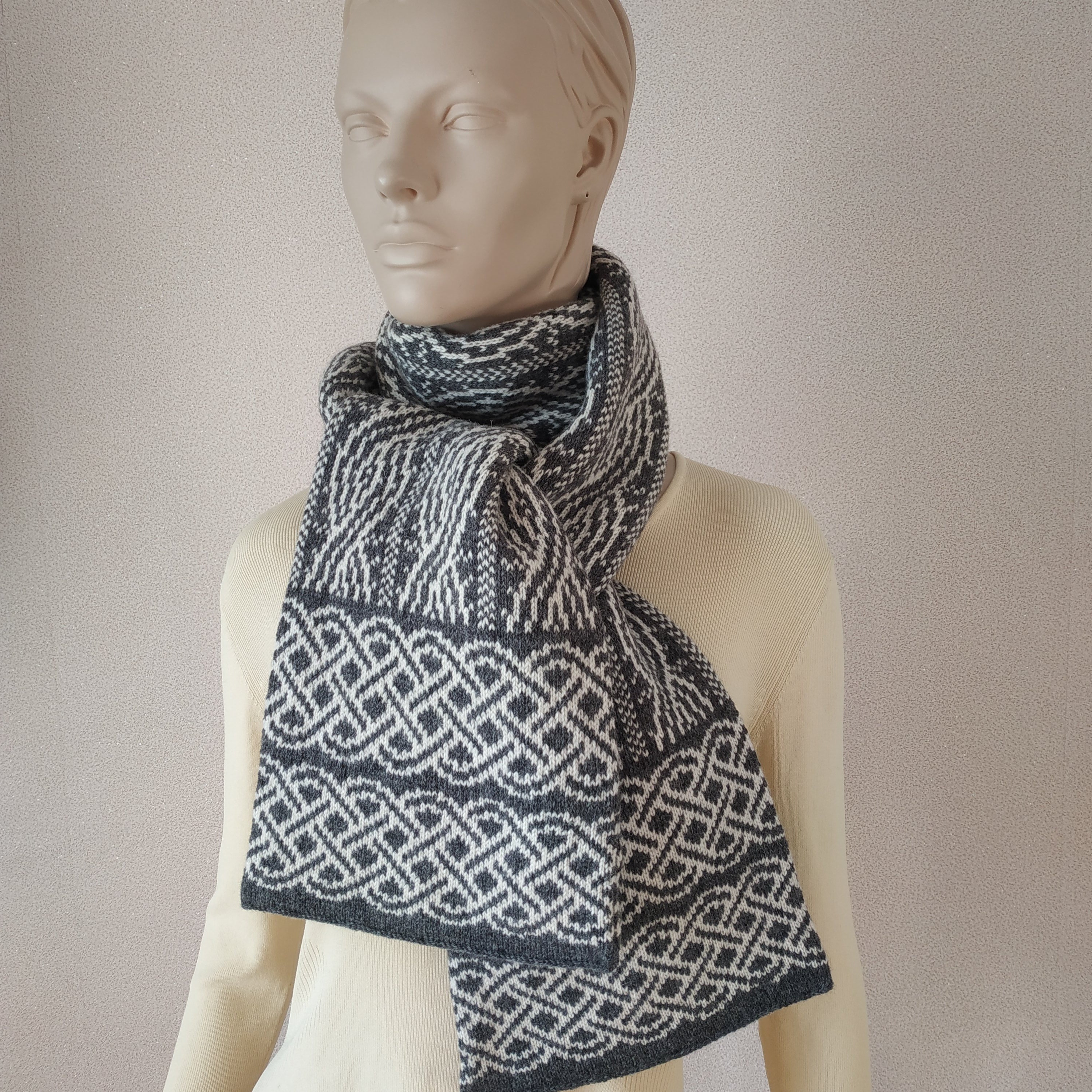 Celtic Knot Oversized Scarf Gray Hand Knit Wool Print Winter Extra Long ...