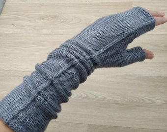 Gray arm warmers Knit wool steampunk gloves Long fingerless mittens Long hand warmers for driver ladies