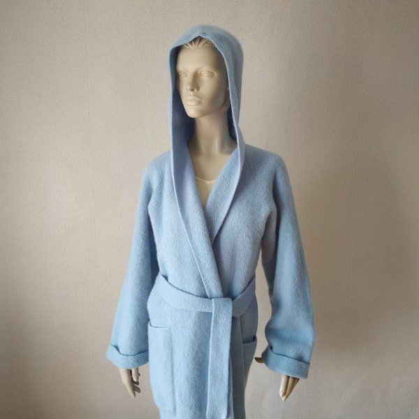 Boiled blue loose knit minimalist open front cardigan with pockets Knee length robe coat Belted wool kimono cardigan Hooded cocoon felt coat
