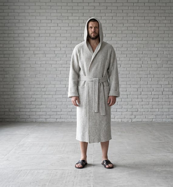 mens grey hooded dressing gown Long boiled gray beige melange wool robe with hood Men's felted Cozy luxury housecoat BF EARLY DEAL BOGO PARTY