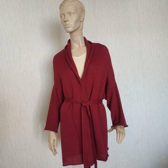 Bohemian Red Wine Belted Wrap Jacket Knit Open Front Loose Kimono