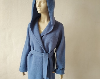 Open front boiled wrap oversized cardigan Loose kimono jacket Minimalist knee length cocoon robes coat Wool blanket coat
