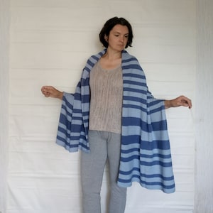 Wool large knit blanket scarf Comfy long cape shawl wrap Blue striped poncho shawl