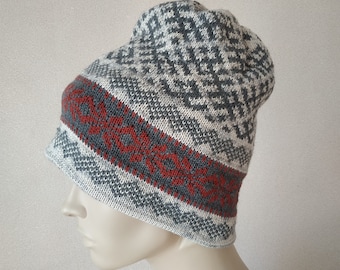 Unisex double knit fair isle hat with snowflake Winter icelandic colorwork beanie Nordic double hat with brim pattern
