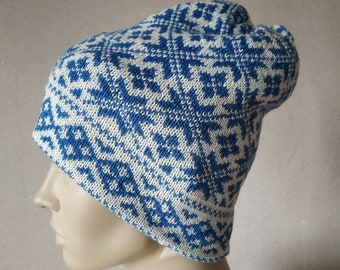 Unisex double knit fair isle hat with snowflake Winter icelandic colorwork beanie Nordic double hat with brim pattern