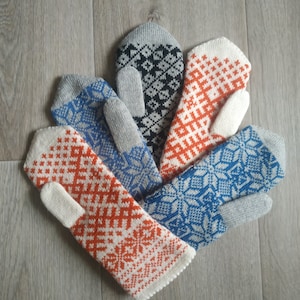Grey soft sheep wool hand knitted long double mittens set Handmade wool warm cozy scandinavian set 5 piece set