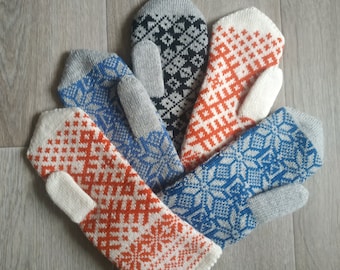 Grey soft sheep wool hand knitted long double mittens set Handmade wool warm cozy scandinavian set 5 piece set