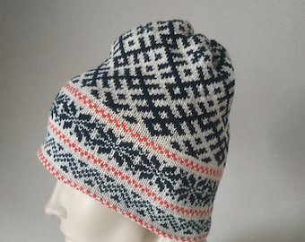 Unisex double knit fair isle hat Winter icelandic colorwork beanie Nordic double hat with brim pattern