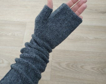 Punk gray wool arm warmers Knit wool steampunk gloves Long fingerless mittens Long hand warmers for driver ladies