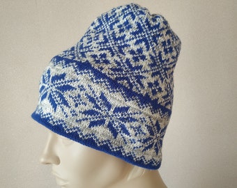 Unisex double knit fair isle hat Winter icelandic colorwork beanie Nordic double hat with brim pattern