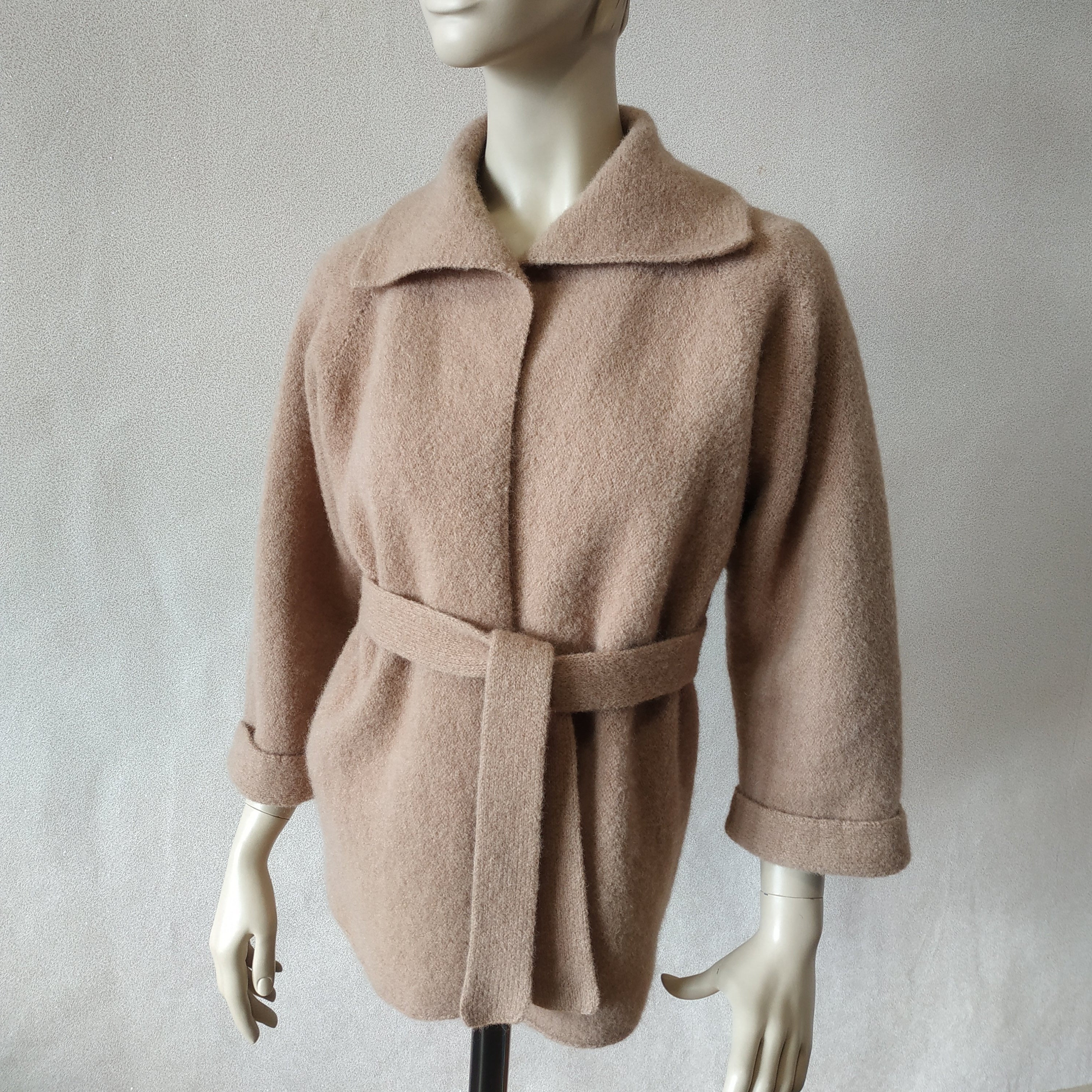 Boiled Wool Belted Robe Coat Open Front Chunky Knit Hooded 