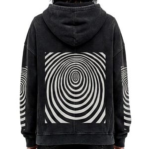 Psychedelic Rave Hoodie, Techno Festival Outfit, Optical Illusion Vortex Print, Baggy Turtleneck Sweater