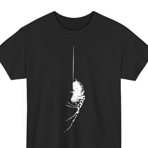 May include: Black t-shirt with a white silhouette of a spider hanging upside down from a thread.