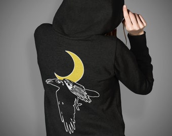 Raven Moon Hoodie, Gothic Crow Sweatshirt, Witchy Celestial Pullover