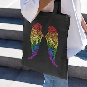 Rainbow Wings LGBTQ Tote Bag, LGBT Gifts, Rainbow Shopping Bag, Gay Pride Reusable Bag, Angel Wings Queer Tote, LGBTQ Accessories for Rave