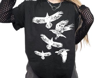 Flying Crows Shirt | Dark Academia Raven Clothing | Gothic Bird Top | Witchy Nature Gift