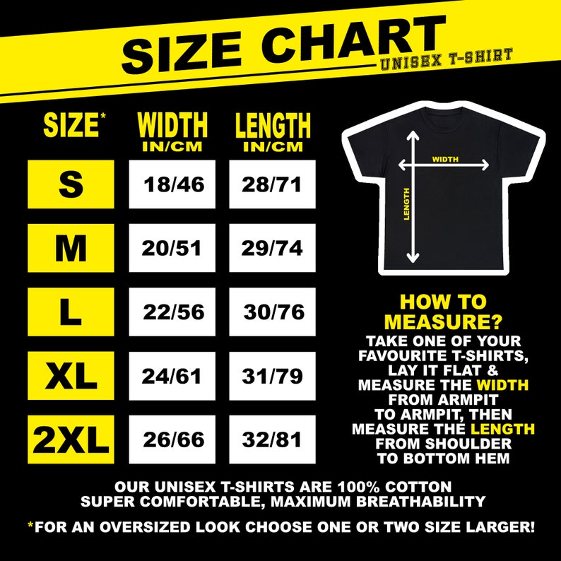 Pode incluir: Tabela de tamanhos para t-shirts unissex. A tabela mostra a largura e o comprimento em polegadas e cent&iacute;metros para os tamanhos S, M, L, XL e 2XL. A tabela tamb&eacute;m inclui instru&ccedil;&otilde;es sobre como medir sua camiseta para um melhor ajuste.
