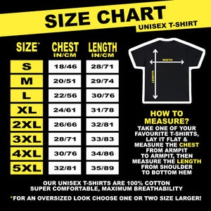 This graphic t-shirt comes in the following sizes: S, M, L, XL, 2XL, 3XL, 4XL, and 5XL | For a 90s style oversized look choose one or two size larger
