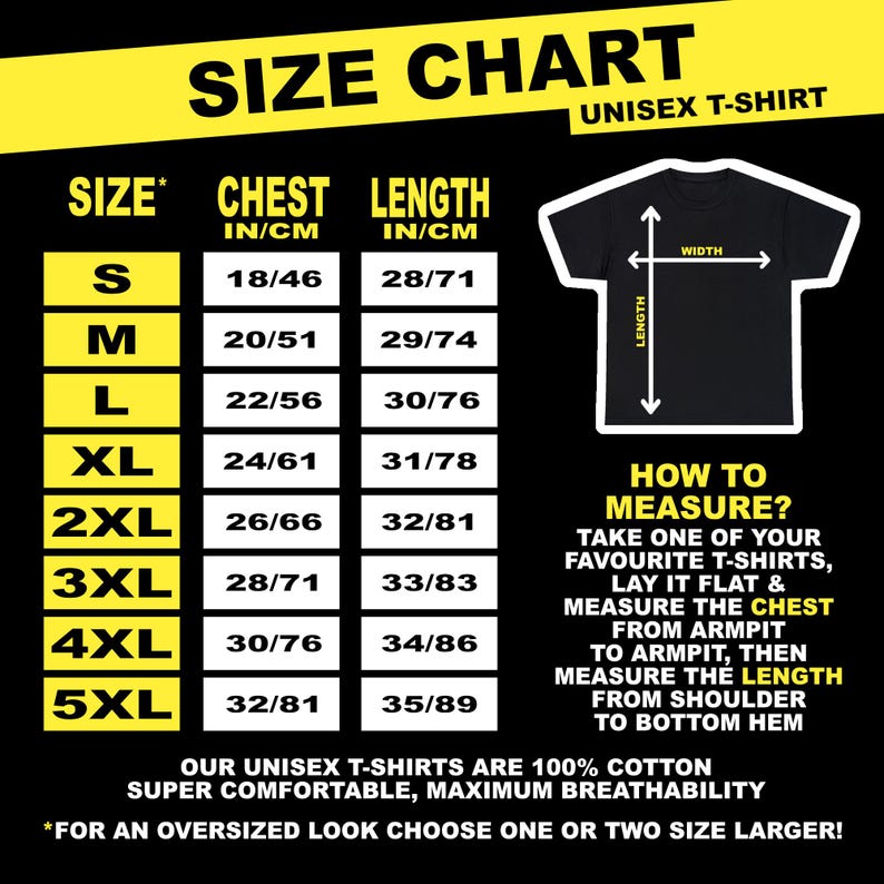 This graphic t-shirt comes in the following sizes: S, M, L, XL, 2XL, 3XL, 4XL, and 5XL | For a 90s style oversized look choose one or two size larger