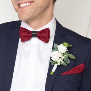 Burgundy Bow Tie with leather details, Burgundy Universal Suspenders with leather ends and clips, Burgundy Cufflinks, Burgundy Pocket Square
