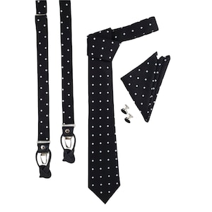 Black White Polka Dots Men&#39;s Tie Accessories: Regular Necktie, Slim Tie, Skinny Tie, Suspenders with Leather, Cufflinks, Pocket square
