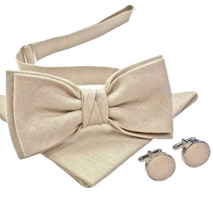 Beige Linen Bow Tie / Sandy Bow Tie / Beige Linen Cufflinks / Beige Suspenders / Beige Pocket Square image 1