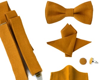 MUSTARD ACCESSORIES SET: Bow Tie, Suspenders, Pocket Square, Cufflinks.