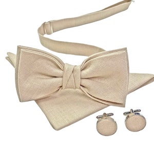 Beige Linen Bow Tie / Sandy Bow Tie / Beige Linen Cufflinks / Beige Suspenders / Beige Pocket Square image 3