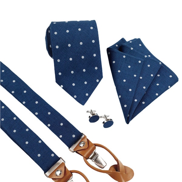 Navy Blue Polka Dots Man Set: Regular NeckTie, Slim Tie, Skinny Tie, Suspenders with Leather, Cufflinks, Pocket square, Men's Gift Tie Set