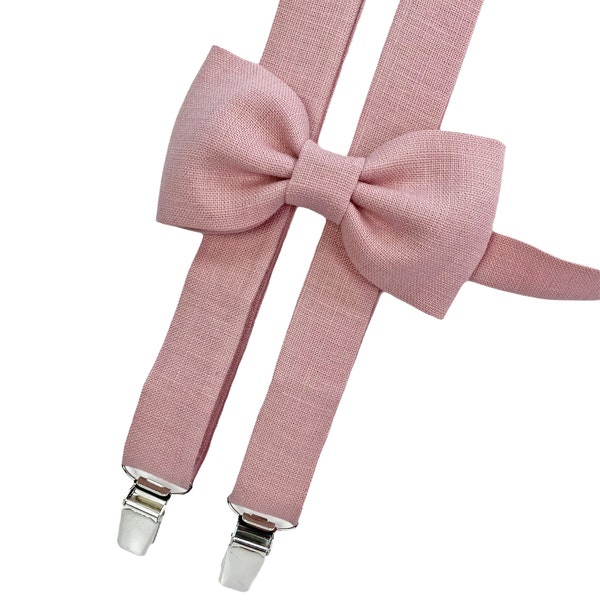 Pale pink Toddler Bow Tie / Pale pink Child Suspenders /Pale pink Linen Suspenders for Toddler / Children Bow Tie