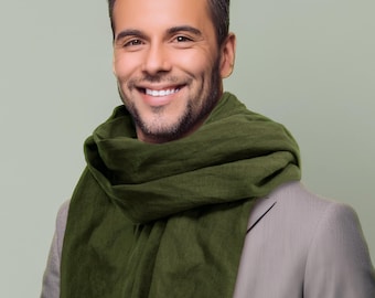 Dark Moss Green Linen Scarf, Unisex Scarf, Large wrap scarf, Organic linen scarf, Women linen scarf, Men linen scarf, Linen gift idea