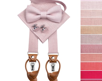 DUSTY PINK bow tie set: suspenders with leather ends, Dusty Rose Bow Tie,Dusty Pink  Suspenders,  Blush Rose Cufflinks and Pocket Square