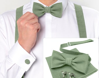 Eucalyptus Green Bow Tie / Eucalyptus Green Bow Tie For Groom and Groomsmen / Eucalyptus Green Suspenders / Wedding Mens Bow Tie Set