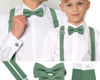 Papillon Verde Eucalipto per Uomo e Bambino, Set Papillon Padre e Figlio Verde Eucalipto, Bretelle Adulto e Bambino Verde Eucalipto