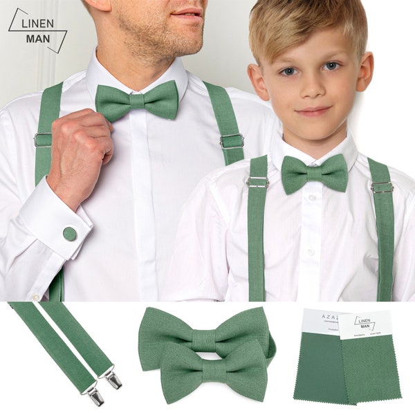 Noeud papillon Vert Eucalyptus pour Homme et Enfant, Ensemble Nœud papillon père et fils Eucalyptus, Bretelles Adulte et Enfant Eucalyptus