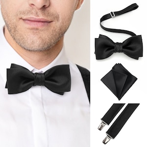 Elegant Handcrafted Black Bow tie and other Accessories, Black Wedding Bow tie, Black Satin Matching Child Bow tie, Black Satin Suspenders