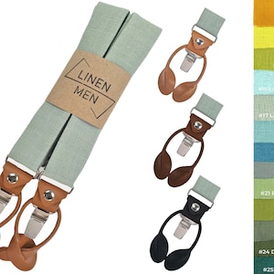 Light Sage Green Suspenders With Leather Button Straps and Clips, Suspenders With Brown Leather Ends, Braces With Black Leather Details
