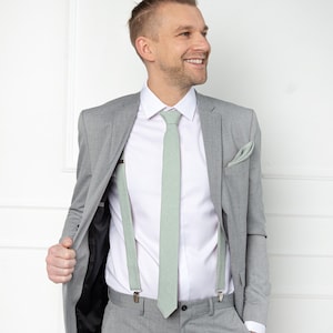 Light Sage Green Skinny Tie / Light Sage Green Skinny NeckTie / Light Sage Green Cufflinks / Linen Necktie / Skinny Wedding Tie / Mens Tie
