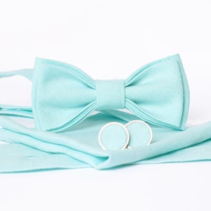 Mint Bow Tie / Linen Mint Bow Tie / Mint Linen Suspenders / Mint Linen Cufflinks / Mint Wedding Men&#39;s Accessories / Mint Groom Bow tie Set