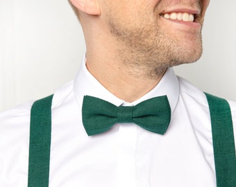 Emerald Green Bow Tie / Emerald Green Universal Suspenders with Brown Leather Button Straps and Clips / Emerald Green Groomsmen Cufflinks