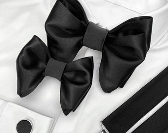 Wedding Black Oversized Bow tie for Father and Son, Oversized Butterfly Bow tie Sets in Various Sizes, Black Suspenders for Kids and Adults