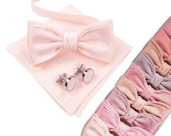 Light Blush Bow Tie / Light Blush Cufflinks / Light Blush Pocket Square / Light Blush Suspenders / Linen BowTie Set / Light Blush Braces
