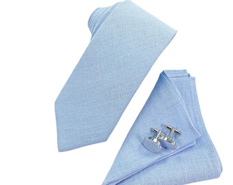 Sky Blue Regular Tie / Sky Blue Linen Tie / Sky Blue Linen Necktie / Sky Blue Linen Cufflinks / Sky Blue Regular Tie